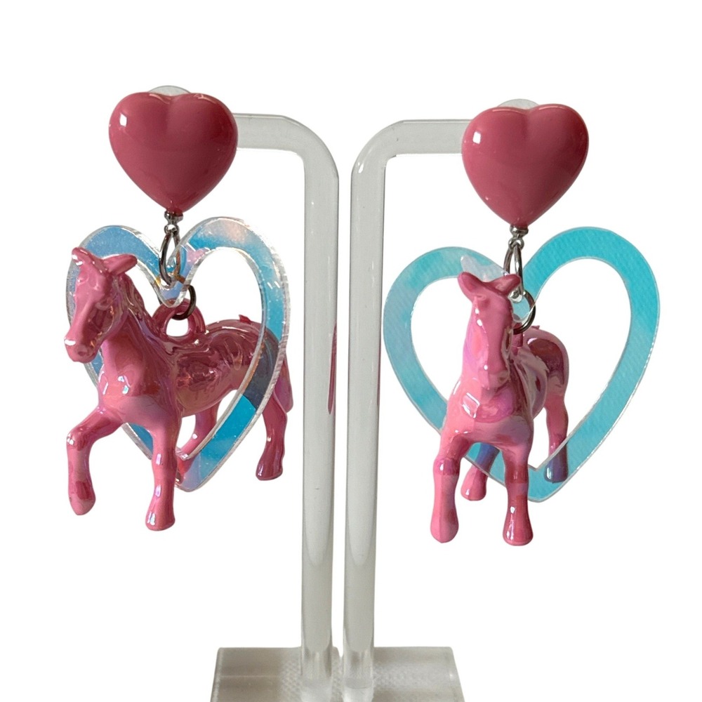 Pink Iridescent Horse Heart Drop Earrings Y2K Kitsch Holographic Acrylic Dangle